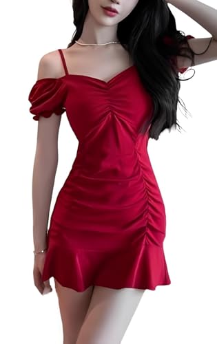 [トーアソーア] ワンピース レディース タイト セクシー オフショルダー ミニ スカート 半袖 パフスリーブ シャーリング (XL, 赤) - toasoa - 商品画像