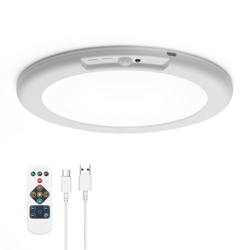 Yafido Plafon LED con Sensor de Movimiento USB a Pilas Lamparas de Techo sin Cables, 5000mAh Luz Ducha Recargable Adhesivo Magnetica con Mando sin Taladrar Redondo Pared Interior Bano Porche Garaje
