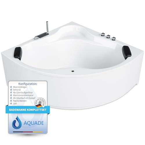 AQUADE Acryl Eckbadewanne 150x150 cm Modell: Essen Hergеstellt in Dеutschland Badewanne Komplettset - Wählen Sie Ihre perfekte Wanne: Ab-Überlauf mit Zulauf, Wannenrandarmatur, Nackenkissen, LED