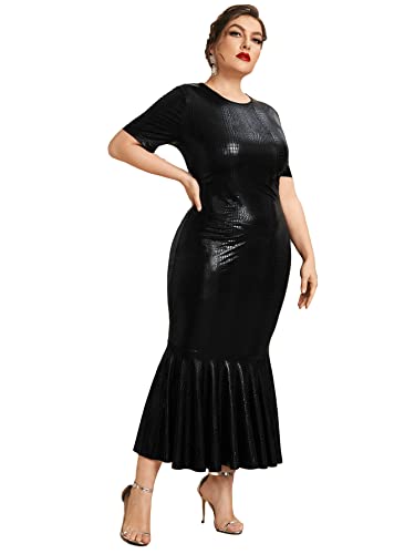OYOANGLE Women's Plus Size PU Leather Round Neck Short Sleeve Ruffle Hem Mermaid Long Maxi Dress Black 0XL