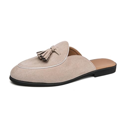 Men's Suede Tassels Slip On Mules Clog Slippers Casual Round Toe Backless Flat Dress Loafers for Formal Walking Wedding Business