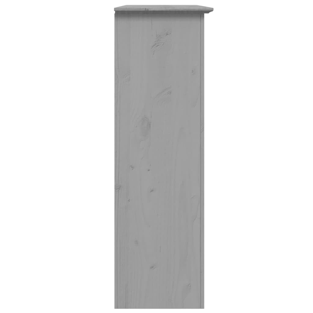 Armario vitrina con puertas de cristal BODO en color gris de madera de pino maciza, ideal como accesorio para cómoda o aparador, con varios estantes y tiradores metálicos de estilo francés.