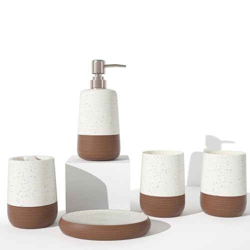 Ceramic Bathroom Accessories Set Complete in White & Brown Duoton...