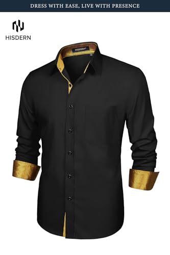 Image of HISDERN Mens Business Dress Shirts Long Sleeve Casual Button Down Shirt Formal Inner Collar Contrast Shirt for Men Wedding