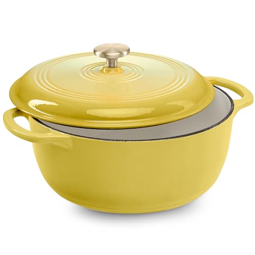 Best Choice Products 7.5 Quart Enamel Cast-Iron Round Dutch Oven, Family Style Heavy-Duty Pre-Seasoned Cookware for Home, Kitchen, Dining Room, Oven Safe w/Lid, Dual Handles - Lemon Meringue