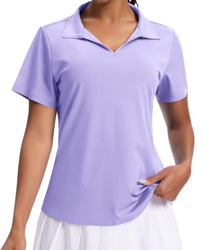 JoyGirl Women's Golf Polo Shirts UPF 50+ V-Neck Short Sleeve Tennis Shirt Quick Dry Moisture Wicking Casual Workout Tops (Light Purple,Large)