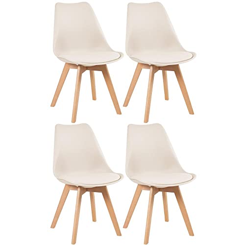 Loft7, Conjunto Kit 4 Cadeiras Leda Com Assento Estofado, Encosto De Polipropileno E Pés De Madeira Natural, Elegante Sala De Jantar Cozinha Bar Varanda Gourmet, Creme