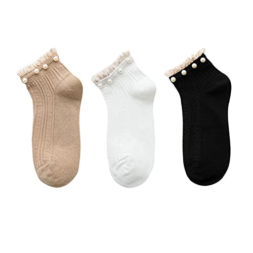 2022 Fashion Spring Lace Pearl Socks, Women Socks Cotton Cute Socks Ruffle Socks Lace Socks with Pearls Solid Color
