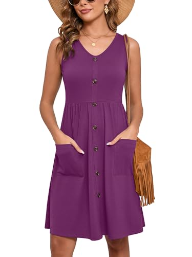 Image of Heymoments Women's Summer Dresses Sleeveless Casual Fashion Loose Swing Button Down Beach Dress with Pockets