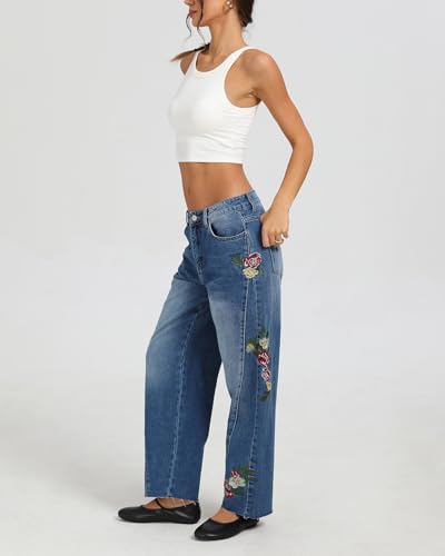 Kedera Mid Rise Barrel Jeans for Women Embroidered Wide Leg Denim Pants Boyfriend Baggy Jeans with Pockets 20252