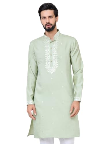 Image of See Designs Men's Full Sleeve Mandarin Collar Sequins Embroidered Chanderi Straight Long Kurta with Yoke Design - Festive Collection