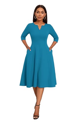 Image of Nmoder Midi Dresses for Women A-Line Fit and Flare Dress 3 /4 Sleeve V Neck Cocktail Wedding Guest Work Dress with Pockets