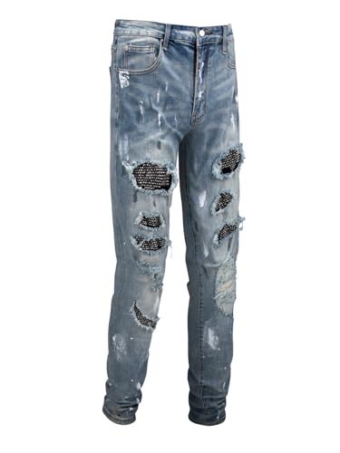 Jeans Pants Trousers Denim Black Patch Paint Design Men's Street Piercing Slim Fit Stretch Men2