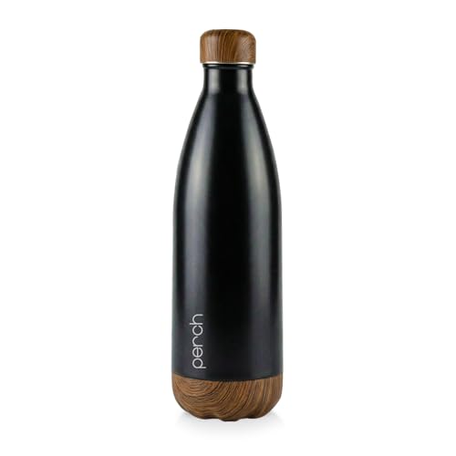 Image of Perch Retro Stainless Steel Water Bottle 980 ml | Hot & Cold Flask | Vacuum Insulated | ISI Certified | Leak Proof | BPA Free | for Office, School, Gym, Home & Travel | Wooden Black | Crafted by Pexpo