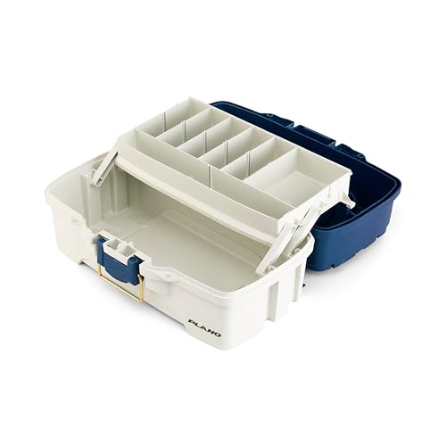 Image of Plano One-Tray Tackle Box, Blue /White, Rust-Proof Brass Latch, Top-Access Tray with Deep Storage, Made in the USA, Portable Fishing Gear Storage Organizer