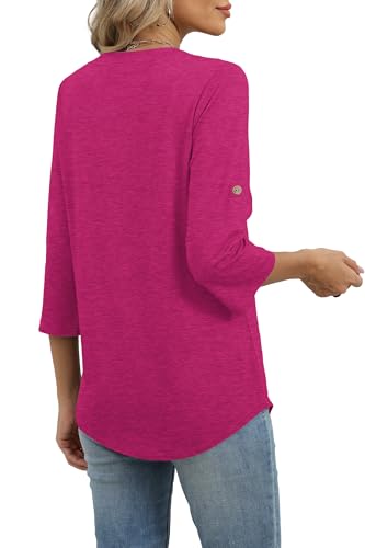 Image of XIEERDUO 3 /4 Length Sleeve Womens Tops V Neck T Shirts Both Side Buttons Blouses Business Casual Outfits Loose Fit