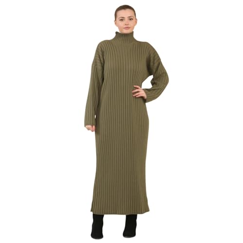 janisramone® Womens Ribbed Knitted Maxi Dress Funnel High Neck Long Sleeve Jumper Dress Warm Pull Over Comfortable Long Knitted Jumper Dresses Khaki