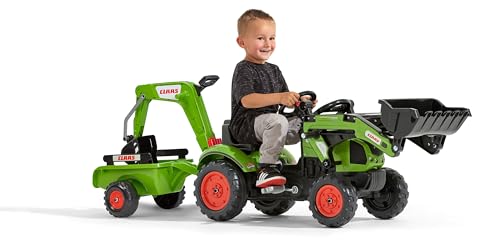 Falk Claas Kinder-Baggerlader mit beweglichem Baggerarm & Anhänger I Pedaltraktor Arion 410 Replik I mit Hupe I ab 2 Jahren I Outdoor Spielzeug für Jungen & Mädchen