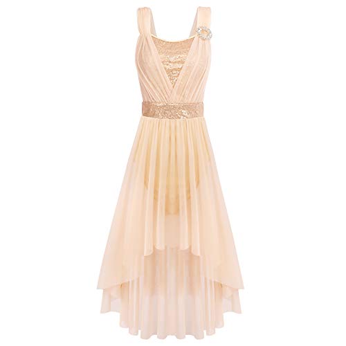 Robe de danse lyrique champagne en tulle asymétrique et paillettes pour femme
