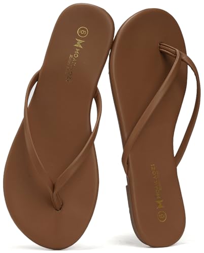 MOAILAOZI Flip Flops for Women With Memory Foam Insole Support Soft Fabric Fits Comfortably Lightweight Sandals Non-Slip Durable Beach Slippers Slip On Thong Cushion Flat Dressy Brown Size 8