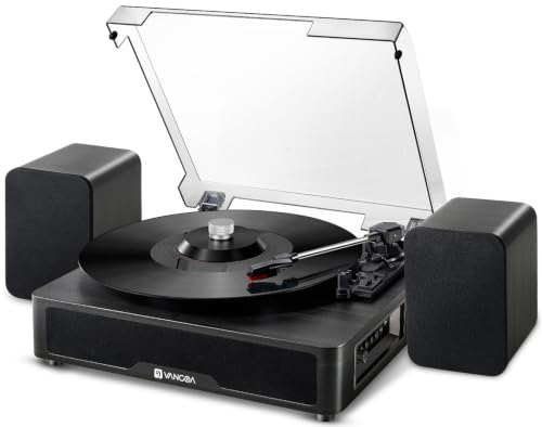 Image of Vangoa Vinyl Record Player with Bookshelf Speakers Bluetooth Vintage Turntable for Vinyl Records Belt-Drive 3 Speed Portable LP Players Wooden Vinyl Players Auto Stop with Cleaning Kits, Black