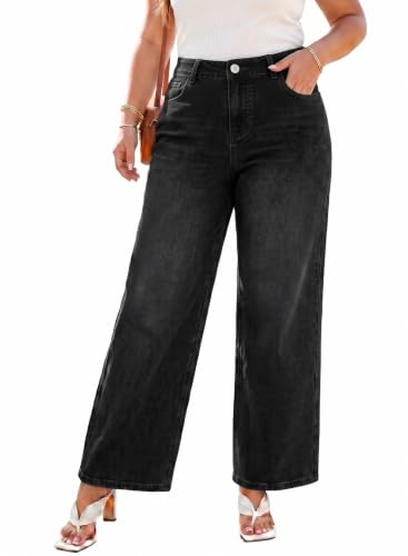 Eytino Women's Plus Size Jeans Wide Leg with Pockets,2X Black