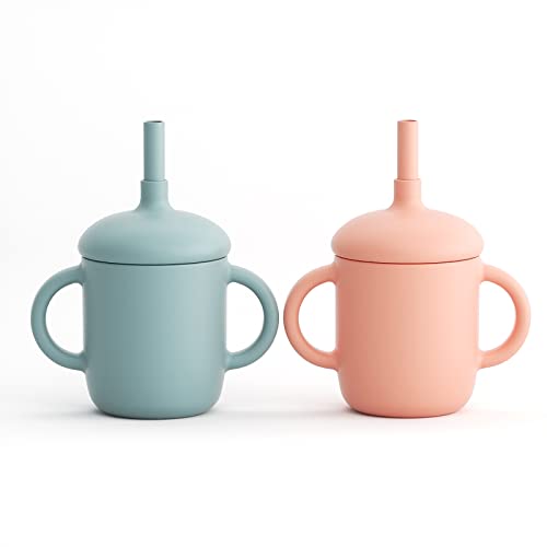 Image of Toddler Cup, Silicone Training Cup Sippy Cup with Straw, Spill Proof and Non-Slip Handles, NO BPA, Unbreakable, Trainer Cup for Babies Toddlers and Infants, 2 Count, 5 oz, Grey Blue, Peach Pink