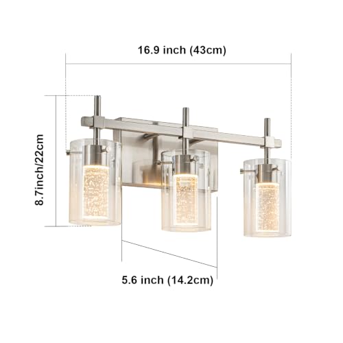 Image of 3-Light Brushed Nickel Vanity Light with 3 Color Modes (3000K /4000K /6000K), Eye Protection LED Bathroom Light Fixture, Dimmable Modern Wall Light Over Mirror with Clear Glass Shade