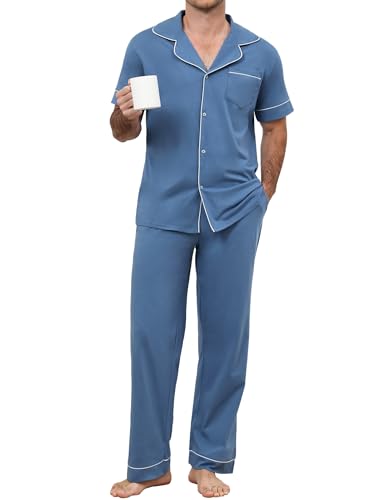 El Mejor Listado de Pijamas Caballero - 5 favoritos. 47 GAESHOW Pijama para Hombre Algodon Conjunto de Pijamas Hombre Manga Corta con Botones y Pantalones Ropa de Dormir 2 Piezas Azul Mediano