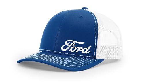 Ford Motor Co Script Logo Side Panel Embroidered Richardson 112 Snapback Trucker Hat Cap Royal/White