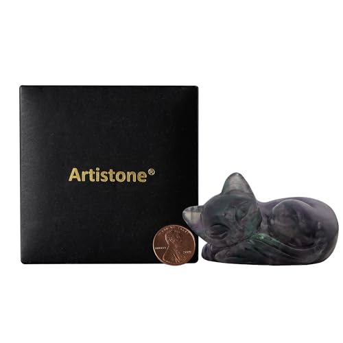Figura de gato durmiendo en piedra Rainbow Fluorite 2 pulgadas miniatura 7