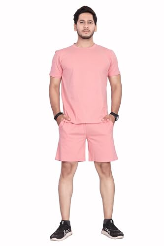 Image of HOODMASTER Men's Cotton Night Suit Set of Top & Knee Length Shorts with Round Neck Half Sleeves Solid Pattern Regular Fit and Standard Length | Mens Cotton Night Suit | T-Shirt and Shorts Sets