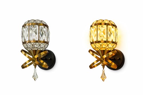 Image of WhiteRay Wall Light for Living Room Inbuilt LED Crystal Wall Lamp Golden Finish Decorative Fixture 3 in Color Changing, Soft Lighting for Bedroom, Hallway, Restaurant and Home Decoration