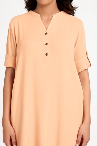 Image of Women's Roll-Up Sleeve Tunic Top, V-Neck with Button Front, Side Pockets, Rayon Short Kurti