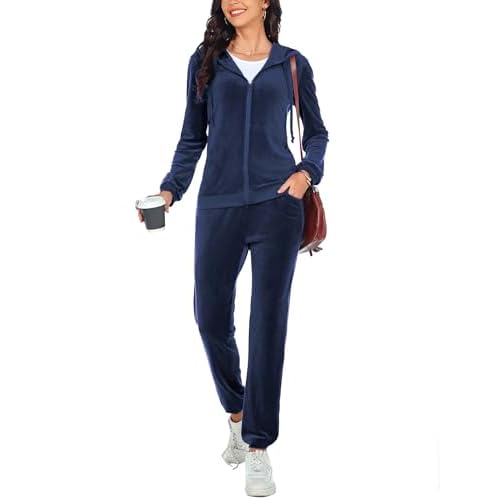 Womens 2 Piece Sweatsuits Set Velvet Long Sleeve Zip Up Track Suits Jogging Suit Navy Blue Medium