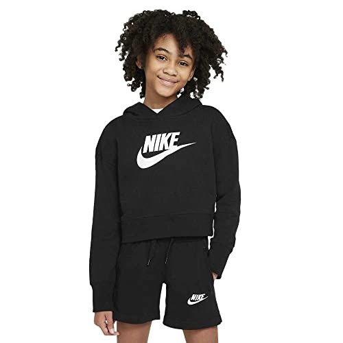 Nike Girl's Sportswear Club Fleece Crop Hoodie (Little Kids/Big Kids) Black/White L (14-16 Big Kid)