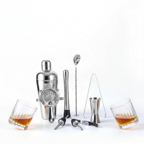 Image of Car-O-Bar Bar kit Gift | Bar Set for Gift - Bartender Kit :Cocktail Shaker, Bar Spoon, Jigger, Muddler, Strainer, Wine & Beer Bottle Opener, 2 Pour Spouts, Ice Tong with 2 Whiskey Glass Gift Set
