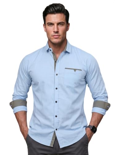 Image of Men's Cotton Blend Shirt with Solid Long Sleeves Spread Coller Neck Regular Fit Single Chest Pocket and Standard Length | Cotton Casual Shirt for Man