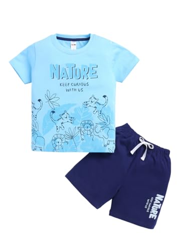 Image of LITTLE NINJA Cotton Half Sleeves Baby Animals Printed Coordinating Tee & Shorts Set - Multi Colour