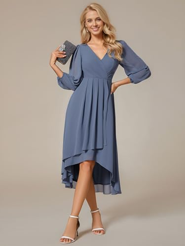 Image of Ever-Pretty Women's Chiffon V Neck Long Sleeves A-Line Midi Length Wedding Guest Dress Cocktail Party Formal Dresses 01926