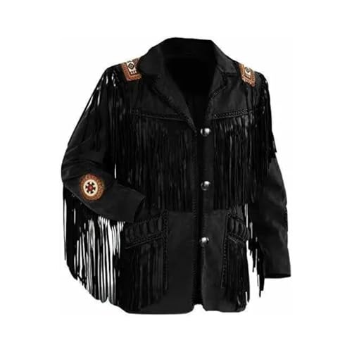 Rumble Products Chaqueta vaquera tradicional para hombre, piel de ante nativo americano, estilo con cuentas y flecos, Negro -, XXX-Large