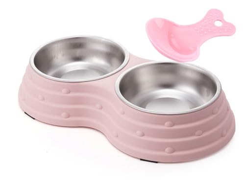 Double Dog Bowls Removable Stainless Steel Pet Double Bowls (Small Pink)
