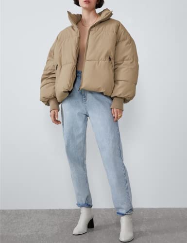 Himythe Women's Winter Long Sleeve Stand Collar Zip Puffer Jacket Baggy Short Down Padded Coats(0181-Khaki-S) #TOP6