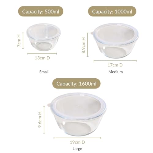 Image of Nestasia Borosilicate Glass Mixing Bowls with Lids Set of 3 (500ml, 1000ml, 1600ml), Microwave & Oven Safe, Dishwasher & Freezer Safe Glass Serving & Storage Bowls for Kitchen
