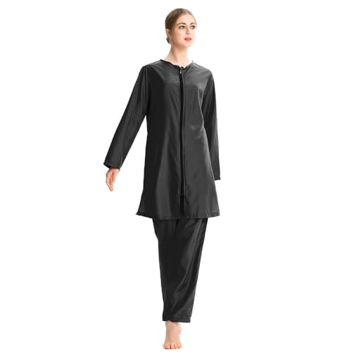 Muslim Womens Long Sleeve Swimsuits Plus Size Solid Color Muslim Full Cover Burkini Set4