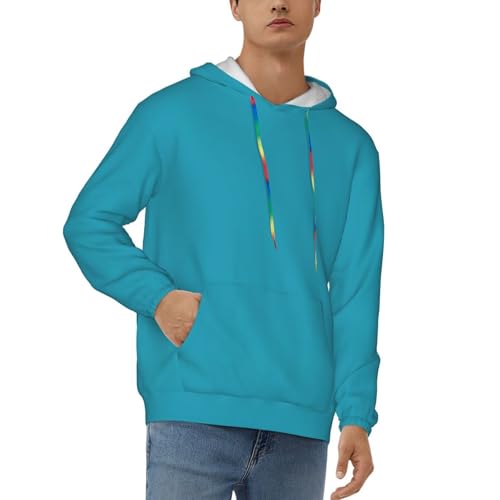Mens Hoodie Pullover Casual Long Sleeve Drawstring Top Turquoisegreen Print Hooded Sweatshirt With Pocket