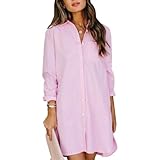 chouyatou Women's Casual Loose Fit Long Sleeve Solid Striped Button Down Shirts Dresses (Medium, Pink)