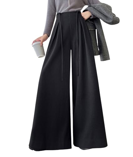 chouyatou Women's Winter Wool Wide Leg Palazzo Pants High Waisted Wool Blend Baggy Trousers Culottes
