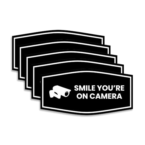 Panneaux Smile You're On Camera noirs lot de 5 pour signalisation de surveillance extérieure
