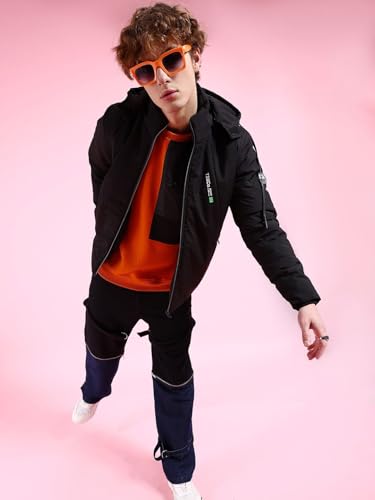 Image of The Indian Garage Co Men Black Regular Fit Solid Hooded Bomber Jacket